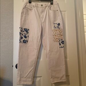 Women's Cream Boyfriend Jeans with Floral Accents